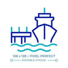 Mooring dock pixel perfect two color line icon. Anchoring vessel in port. Maritime transport. Ship equipment bicolor outline symbol. Duotone linear pictogram. Isolated illustration. Editable stroke