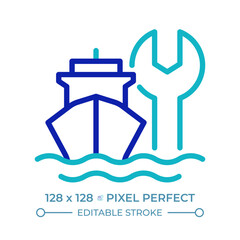 Ship maintenance pixel perfect two color line icon. Marine transport technical support. Vessel repair service bicolor outline symbol. Duotone linear pictogram. Isolated illustration. Editable stroke