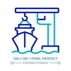 Port crane pixel perfect two color line icon. Lifting machine loading cargo onto ship. Freight transportation bicolor outline symbol. Duotone linear pictogram. Isolated illustration. Editable stroke