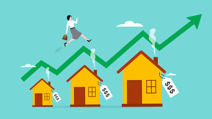 house mortgage overpay concept, real estate payment overprice, Property payoff to credit concept, depressed office worker woman carrying house with expensive price tag vector illustration