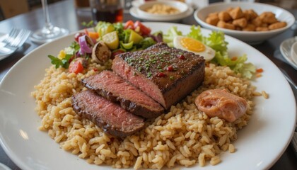 Delicious steak with rice, salad, and sauce, a culinary masterpiece on a plate
