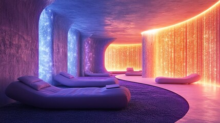 A futuristic meditation room glowing with biofeedback-controlled lights 