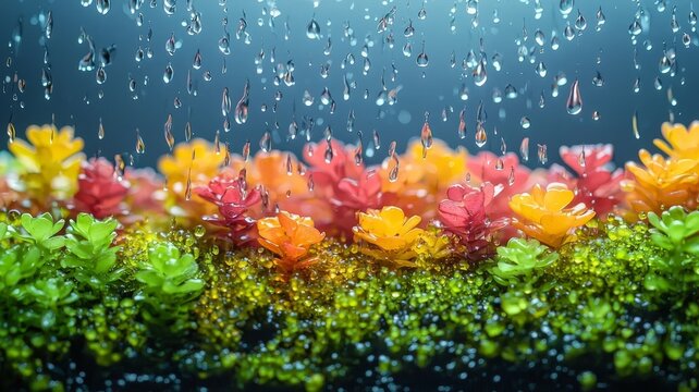 Vibrant underwater scene featuring colorful flowers surrounded by cascading droplets, evoking freshness and tranquility for nature-themed projects.