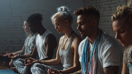 Yoga and Meditation Group Embracing Wellness, Concentration, and Mindfulness Techniques in a Culturally Diverse Studio for Inner Peace and Tranquility