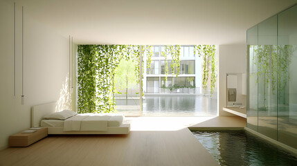 Fototapeta premium Modern Minimalist Bedroom With Plants And Water Feature