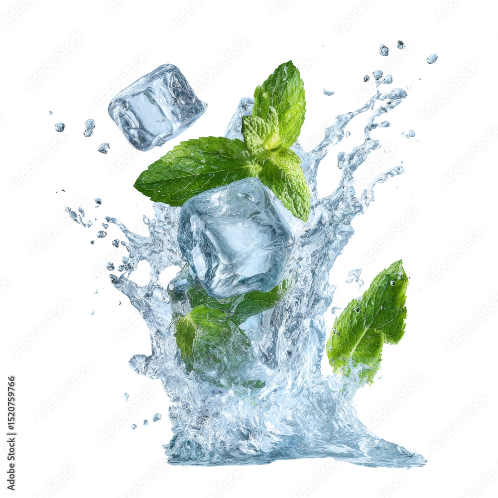 Poster refreshing splash: ice cubes and mint leaves in a dynamic burst of water