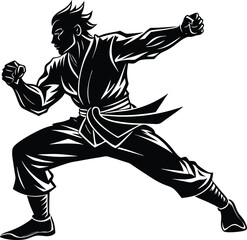 Fototapeta premium Martial Arts Fighter Silhouette in Black and White Combat Art, Minimalist Karate Pose Design for Dynamic Action Illustration
