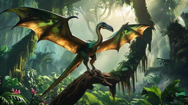 A majestic pterodactyl with a mix of earthy brown and emerald green scales, spread wings, and a long, curved beak perches atop a thick, gnarled branch in the heart of a lush
