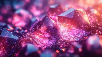 Vibrant close-up of shimmering purple crystals reflecting light, creating a magical and luxurious atmosphere, perfect for jewelry, beauty, or abstract design themes.