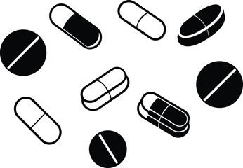 Black and white vector illustration of different pills and capsules