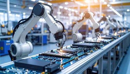 Automated Electronics Assembly Line: Robotic Arms in Action