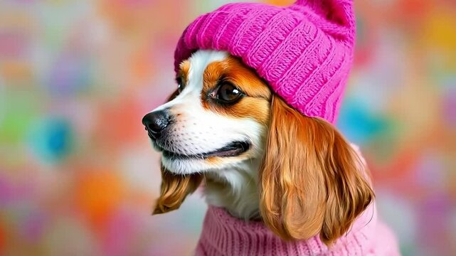 A dog wearing a pink hat and sweater