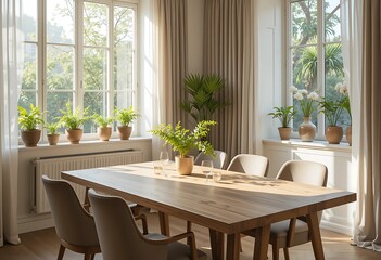 Elegant light-filled dining interior with a handcrafted wood table, soft taupe chairs, ceramic pots of greenery on window sills, and a soft breeze through open curtains.