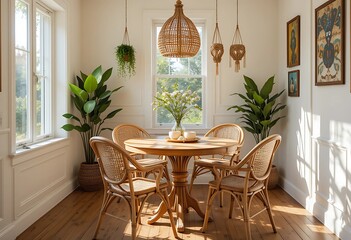Fototapeta premium Warm boho-style dining nook with a circular wood table, cane chairs, hanging macramé planters, and a gentle play of sunlight on wooden flooring.