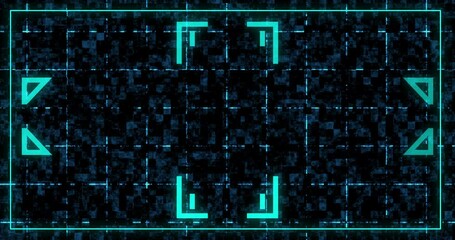 
Digital frame border box with decorative geometric signs 4K technology bg. Hud interface, dynamic moving shapes stream starting, end credits overlay asset on black.Cyber concept software geometry cut - Powered by Adobe