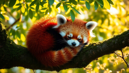 Fototapeta premium Adorable Red Panda – A fluffy red pandas curled up on a mossy tree branch, golden sunlight dappling through leaves, intricate fur details, heartwarming wildlife moment, 8K ultra-sharp.