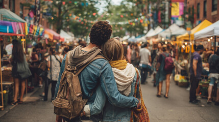 Couple Enjoying a Colorful Summer Evening at Urban Street Market Festival | Romance & Community Togetherness Among Vendors & Foodstalls
