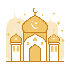 Fototapeta premium Cream Beige Eid Card with Mosque Outlines and Golden Embellishments in a Refined Style