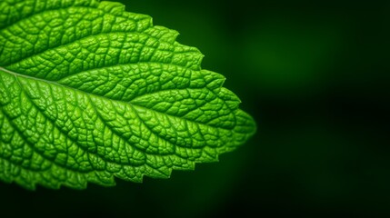 Fototapeta premium Close-Up View of a Vibrant Green Leaf with Texture Details Against a Dark Background