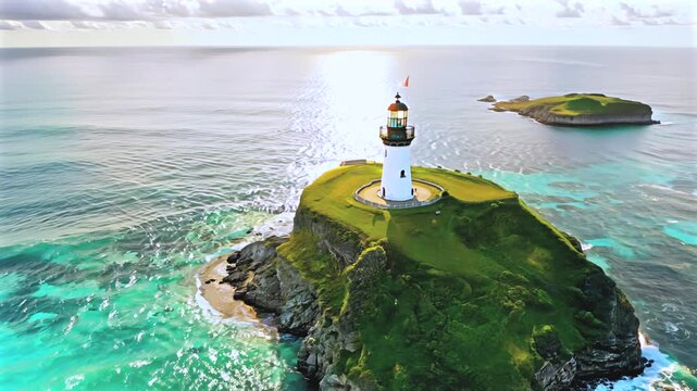 Bright sunlight gleaming over ocean waters near isolated tevennec lighthouse standing atop rocky brittany island, revealing maritime scenic tranquility