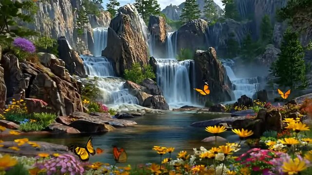 Animation Scene of waterfall and flying butterflies.