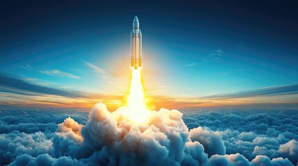 Powerful rocket launch through a cloud formation.
