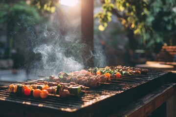 Grilled Skewers with Vegetables and Meat on Barbecue at Sunset