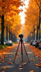 A tripod with a camera mounted on it stands on an asphalt road in autumn on an alley with yellowed leaves
