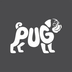 Creative Pug Logo Design – Dog Typography Silhouette in White on Black Background

