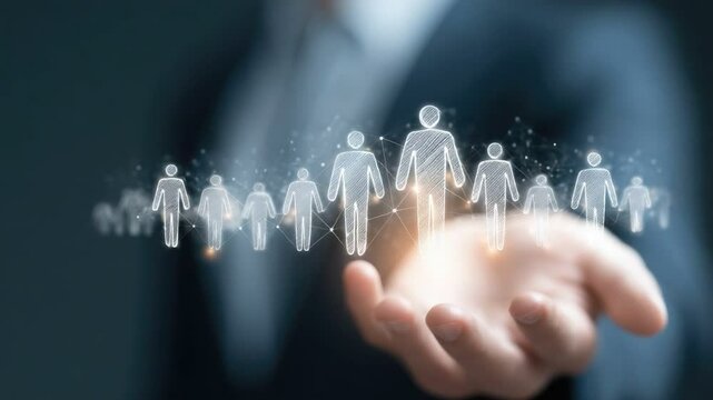 Support and Nurturing: A hand tenderly cradles a network of stylized human figures, a visual metaphor for care, support, and the bonds of community.