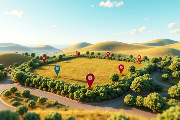 Vacant land plot with map marker in green field. Perfect for real estate, property investment, housing development, construction planning, surveying, and residential zoning visuals.