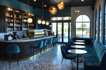 Fototapeta premium A trendy cafe interior with teal accents and large windows.