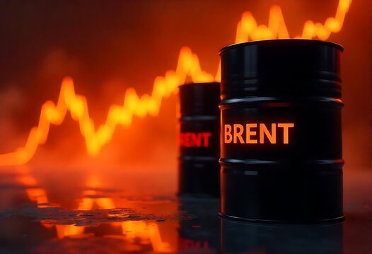 Brent oil barrels with downward chart representing crude oil price fall, economic crisis, stock market crash, recession, energy industry collapse, and global financial instability.