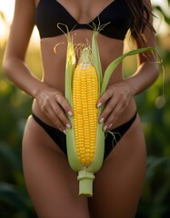 Benessere femminile e dieta a base di Mais: giovane donna con pannocchia di granturco