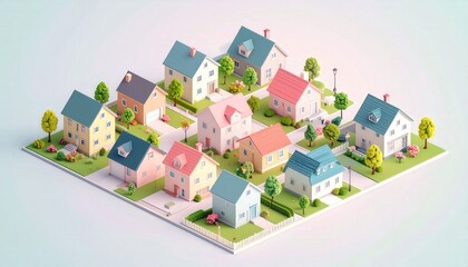 Isometric Village: Colorful Miniature Houses in a Suburban Setting