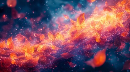Fototapeta premium Vibrant autumn leaves swirling in a cosmic dance, creating a mesmerizing blend of fiery colors and ethereal light, perfect for nature and abstract art themes.