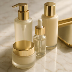 Naklejka premium Elegant skincare products with gold accents, perfect for a luxurious beauty routine.