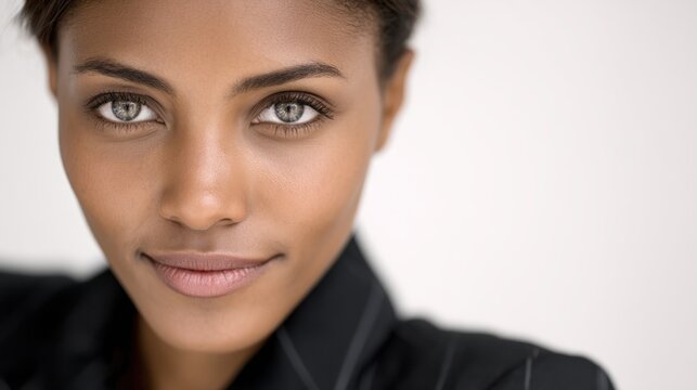 Capture a close-up portrait of a business woman with a soft, yet confident expression-her eyes reflecting intelligence and experience.  - Powered by Adobe