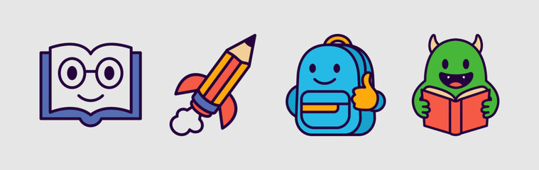 Cartoon Fun Education Mascot Icons. Fun Learning Characters, Book, Robot, Rocket, VR, Earth, Owl,Bag