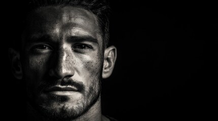 Capture a confident portrait featuring a steady gaze and a firm expression that conveys quiet determination. Use high-contrast lighting to emphasize defined facial contours against a simple backdrop