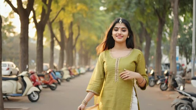Young indian woman wearing traditional green kurta and white pants, walking in a street with parked scooters and trees in the background on a sunny day