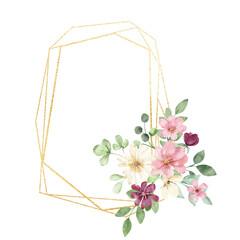 Floral geometric gold frame. Watercolor hand drawing gold border with place for text, with bouquet flowers and leaves.