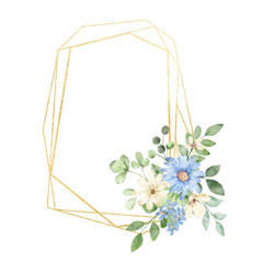 Floral geometric gold frame. Watercolor hand drawing gold border with place for text, with bouquet&nbsp;flowers and leaves.