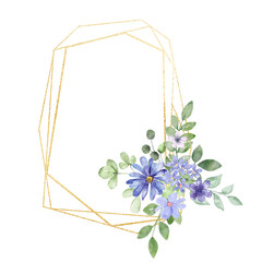 Floral geometric gold frame. Watercolor hand drawing gold border with place for text, with bouquet&nbsp;flowers and leaves.