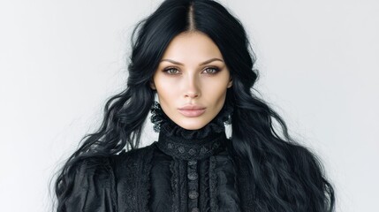 Capture a detailed portrait of a 33-year-old Russian queen with flowing black hair and intense black eyes. Her strict, chiseled features and haughty expression exude regal authority. 