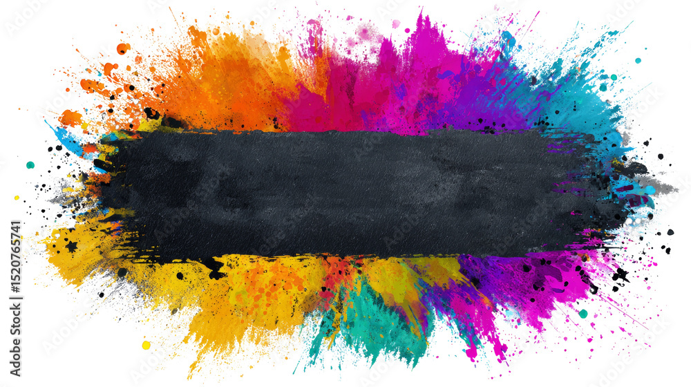 Poster vibrant explosion of color with a textured black banner backdrop