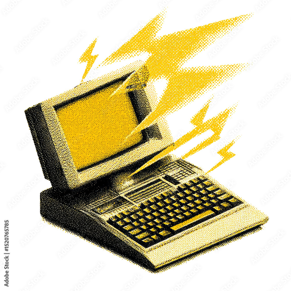 Aufkleber retro computer with high voltage illustration, modern lightning on old pc