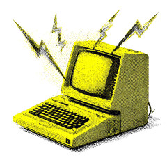 Vintage Personal Computer with Energy Burst Graphic, Representing Digital Power
