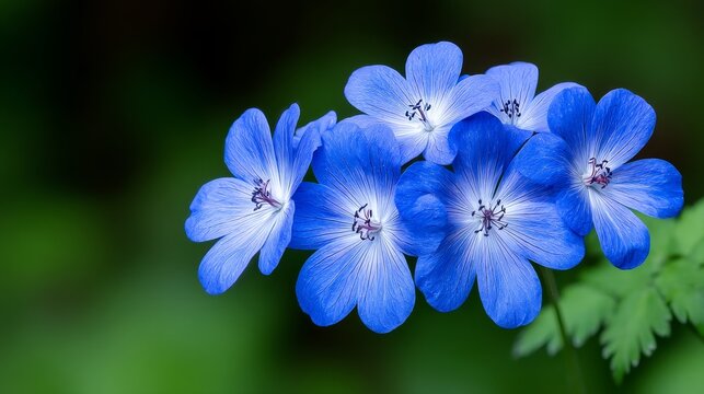 Cluster Of Vibrant Blue Flowers With Delicate Petals Against A Dark Green Background