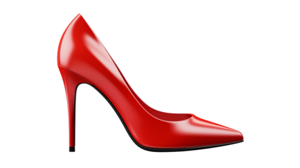 A single red high heel shoe with a stiletto heel isolated against a  transparent  background in a studio shot